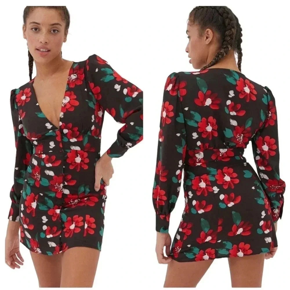 URBAN OUTFITTERS | Michelle Plunging Red & Black Floral Mini Dress Size XS - Picture 1 of 8